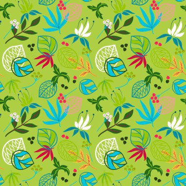 Tropikal yaprakları ile soyut seamless modeli. Ele doku çekin. Vektör şablonu.