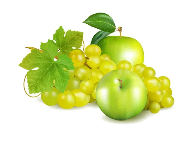 绿色的苹果和葡萄被白色的背景隔开了 包装设计元素 现实的矢量 3D说明 — 图库矢量图片