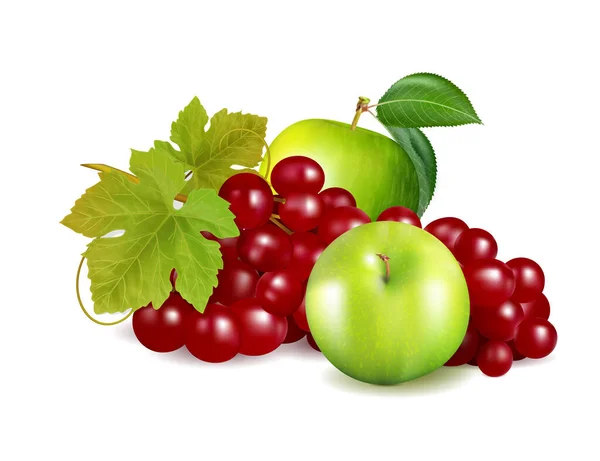 绿色的苹果和红色的葡萄在白色的背景上隔离开来 包装设计元素 现实的矢量 3D说明 — 图库矢量图片