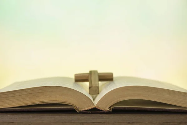 stock image Open bible book on wood table 