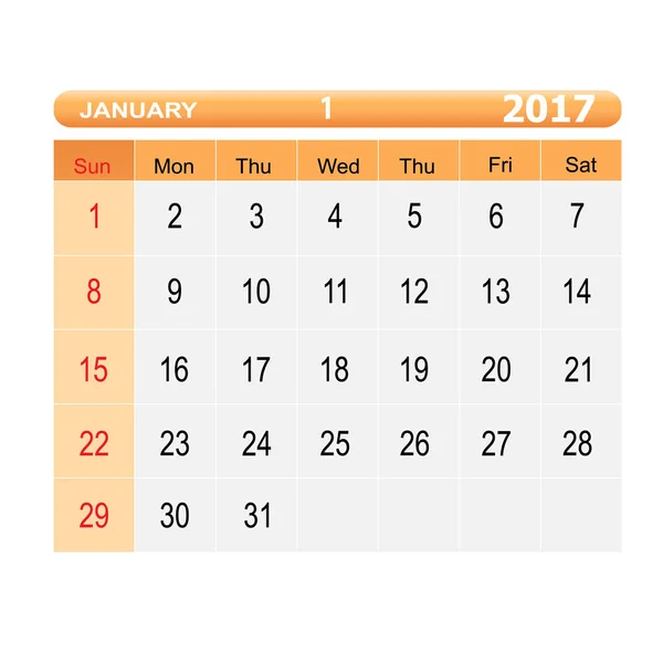 Календарь на январь 2017 года — стоковый вектор