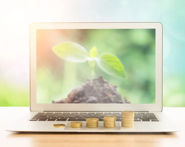 investment, stack of gold coins on laptop computer.