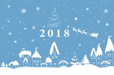 Mutlu Noeller ve Mutlu Yıllar. Noel Baba İllüstrasyon ve köye gelen gökyüzünde hediye kutuları kar manzara sunar.