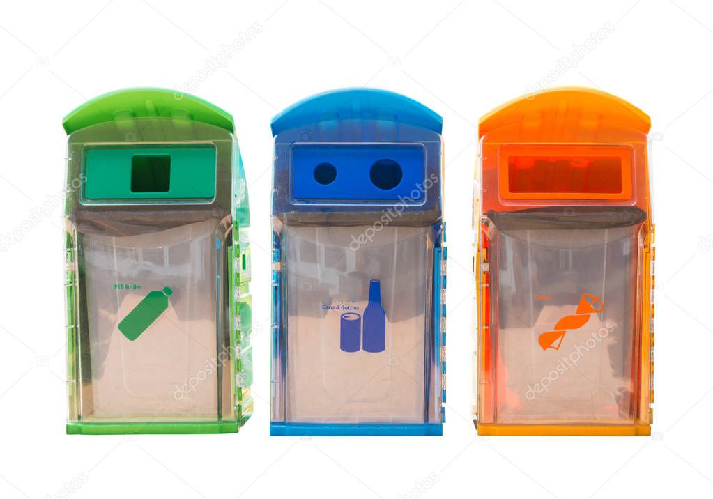 Three different trashcans for separate waste collection isolated on white background. With clipping path.