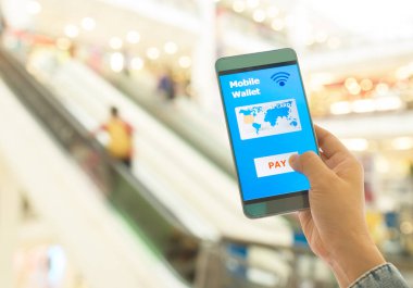 Mal ve hizmet için uygun ve Hızlı Mağazalar bir arka plan ile ödemek için dijital bir cüzdan.