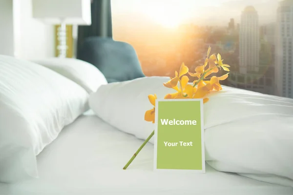 Welcome card placed inside a hotel room