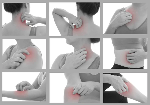 手掻を使用して女性の皮膚病のロイ発疹赤いかゆみのコレクション 薬と健康管理の概念 ストック画像