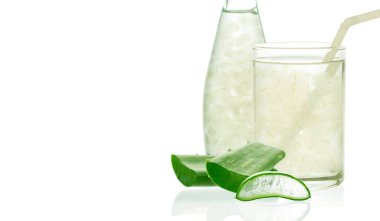 Aloe vera juice in glass isolated on white background with space for text and logo.. Can help neutralize free radicals Contributes to aging. And help strengthen the immune system as well. clipart