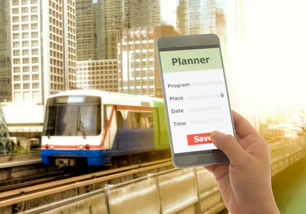 Personal phone calls planner in train station, appointments, notes, Remind concept.