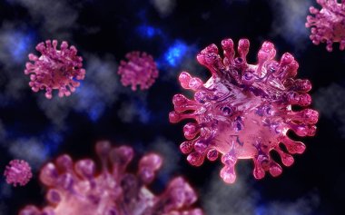 COVID-19, koronavirüs salgını, grip salgını tıbbi çizimler. Mikroskobik görüntü, yüzen grip virüsü hücreleri, viral hastalık salgını, bir virüsün 3 boyutlu görüntüsü, organizma çizimi.