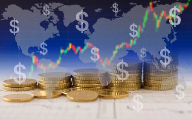 Küresel finans kredisi. Çift kullanımlı kredi kartı, dünya haritası, dolar.