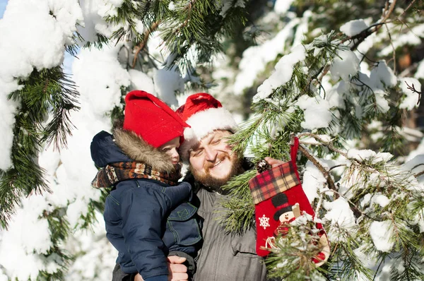 Feliz padre e hijo con un sombrero de Santa Claus y poner un pino — Foto de Stock
