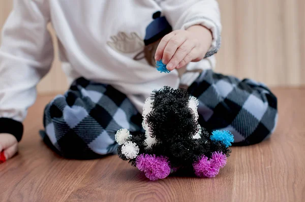 Child Sculpts Machine Velcro Constructor Wooden Floor Indoor — Stock Photo, Image