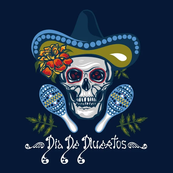 Dia De Muertos. Affisch med Döskallar i hattar med maracas, blommor med ringblommor. Semester av döda, Halloween dag. Bokstäver. Vektorillustration. — Stock vektor