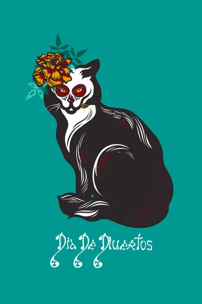 Katt med ringblommor blommor. Mexikanska semester dödas dag. Dia de Los Muertos kort. Inbjudan affisch. Halloween. Bokstäver ”Dia De Muertos”. Vektorillustration. — Stock vektor