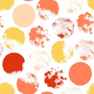 Daireler ile Seamless modeli. Formları mürekkeple basılmış. Orangutan, pembe, beyaz, sarı renk. Elle çizilmiş. Vektör çizim.