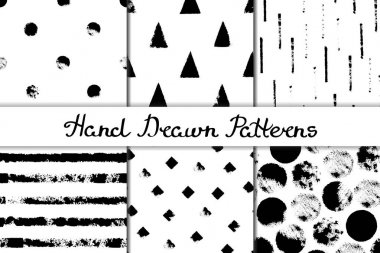 Geometrik desenler ile Dikişsiz desen seti. Daire, üçgen, rhombus, siyah ve beyaz şerit. Elle çizilmiş. Vektör çizim.