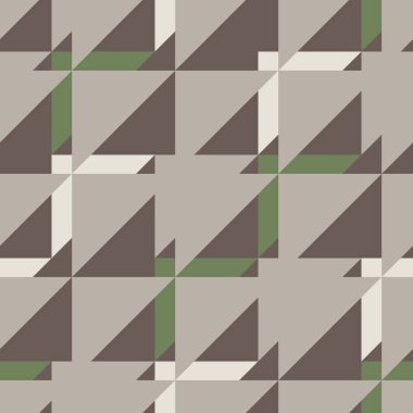 Dikişsiz desen gri, kahverengi, beyaz, yeşil renklerde. Geometrik formlar: üçgen, kare, dikdörtgen. Vektör çizim.