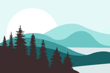 Yatay, tepeler, dağlar, göller, nehirler ve güneşin içinde belgili tanımlık geçmiş. Firs ön planda. Kahverengi ve turkuaz renkleri. Düz stil.