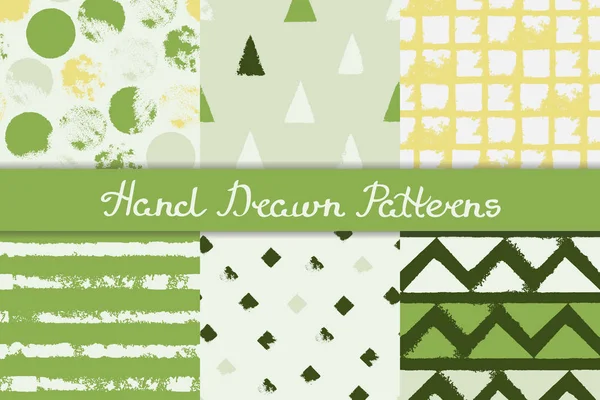 Set of seamless patterns with geometric designs. Circle, triangle, rhombus, stripe in green, gray, yellow, white. Hand drawn. Vector illustration. — Stock Vector