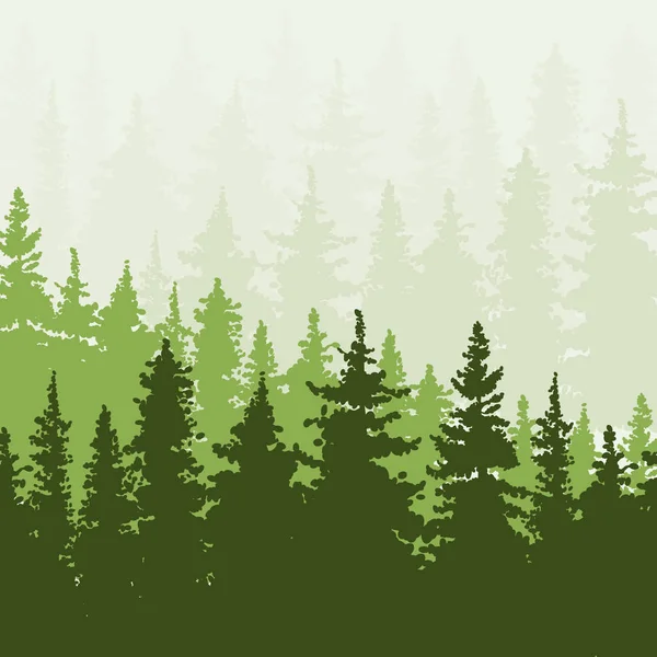 가문비나무 숲 언덕에. 녹색, 베이 지 색상입니다. 벡터 일러스트 레이 션. — 스톡 벡터