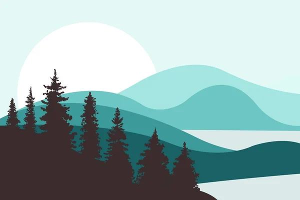 Yatay, tepeler, dağlar, göller, nehirler ve güneşin içinde belgili tanımlık geçmiş. Firs ön planda. Kahverengi ve turkuaz renkleri. Düz stil.