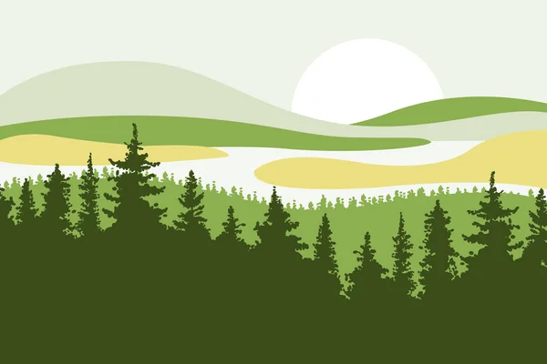 Yatay, tepeler, dağlar, göller, nehirler ve güneşin içinde belgili tanımlık geçmiş. Firs ön planda. Sarı, yeşil ve bej renkler. Düz stil. Vektör çizim.