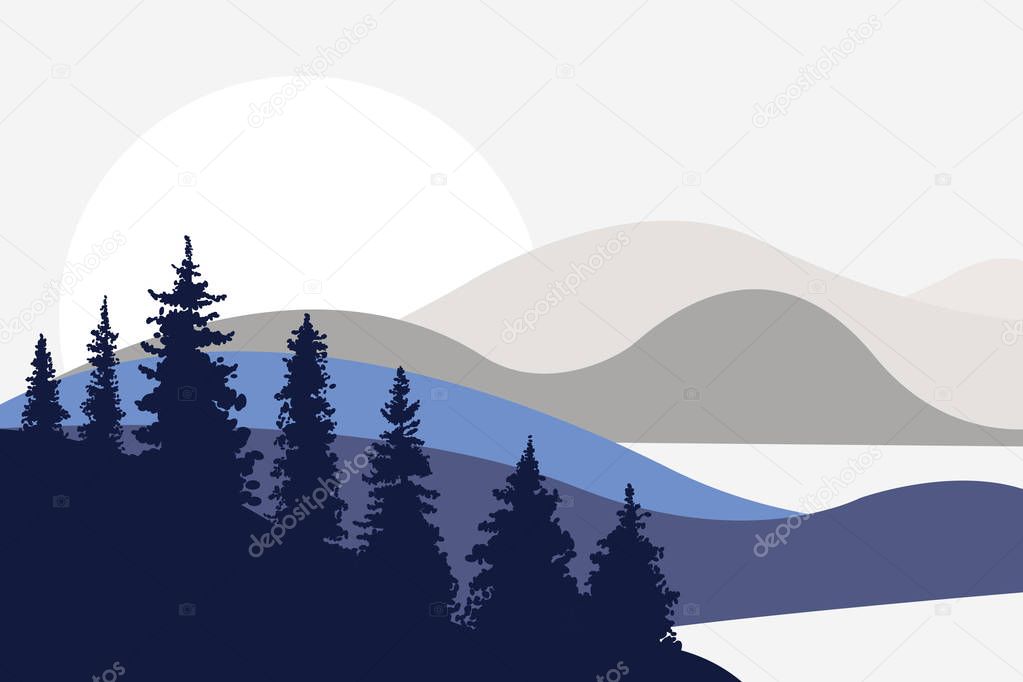 Landscape with hills, mountains, lakes, rivers and the sun in the background. Firs in the foreground. Flat style. Vector illustration.