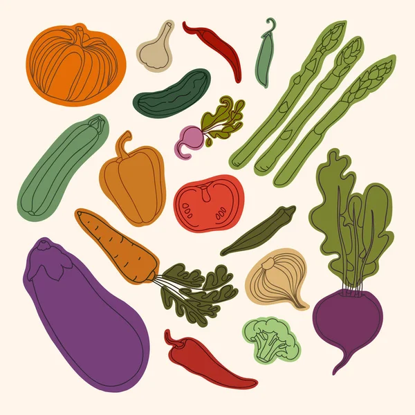 Ένα σύνολο από λαχανικά. Κολοκύθα, αγγούρι, κολοκύθι, μελιτζάνα, ραδίκι, σκόρδο, πιπέρι, μπιζέλια, σπαράγγια, ντομάτα, καρότα, παντζάρια, μπρόκολο, περιθώρια. Εικονογράφηση διάνυσμα. — Διανυσματικό Αρχείο