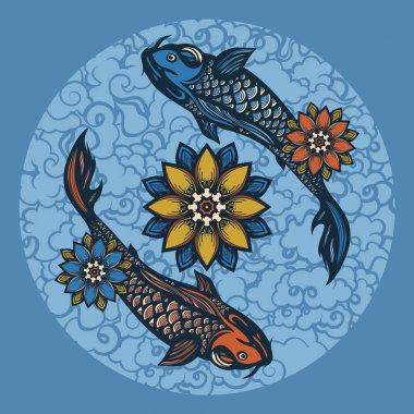 İki Çince koi sazan ve lotus çiçeği. Uyum ve aşk sembolü. Çin stili arka planda. Elle çizilmiş. 