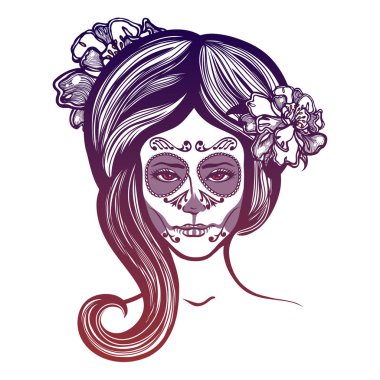 Catrina. Kız onun saç ve makyaj Meksikalı ÖIüler Günü tatil için marigolds çiçeklerle. Dia de Los Muertos kartı. Davet afişi. Cadılar Bayramı.