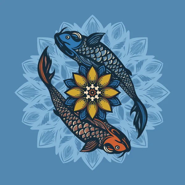 Twee Chinese koi karper en lotus bloemen. Symbool van harmonie en liefde. Achtergrond in de Chinese stijl. Hand getrokken. — Stockvector