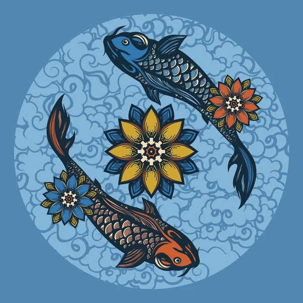 Twee Chinese koi karper en lotus bloemen. Symbool van harmonie en liefde. Achtergrond in de Chinese stijl. Hand getrokken. — Stockvector