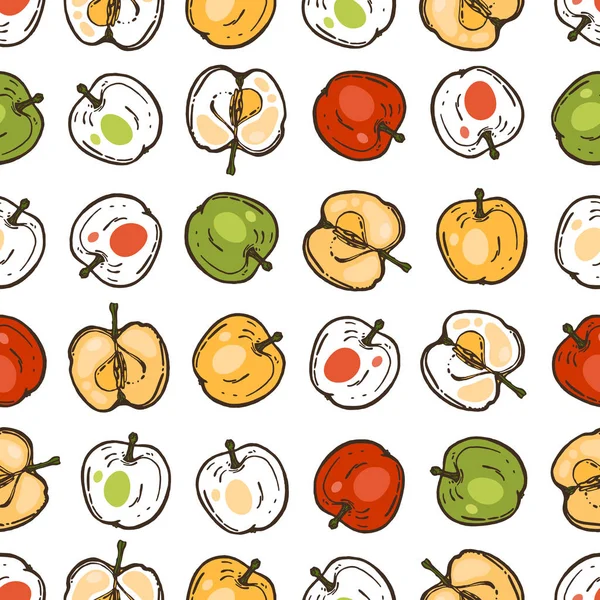 Χωρίς ραφή πρότυπο με φρούτα για την κουζίνα. Κόκκινο, κίτρινο και πράσινο τα μήλα. Το φαγητό. Χέρι. — Διανυσματικό Αρχείο