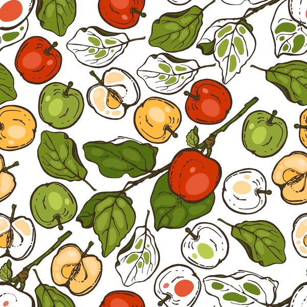 Seamless pattern with apples for the kitchen. Red, yellow and green apples on a branch. Fruit. Food. Hand drawn. — Stock Vector