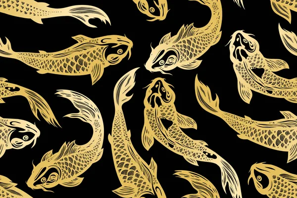 Koi sazan balık ile Seamless modeli. Su birikintisi. Çin stili arka planda. Elle çizilmiş. Vektör çizim.
