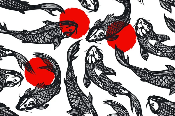 Naadloze patroon met koi karper vis, vlekken. Vijver. Achtergrond in de Chinese stijl. Hand getrokken. — Stockvector