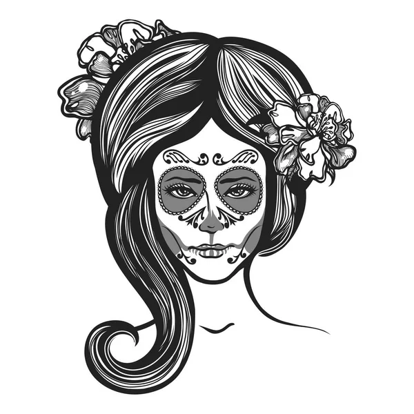 Catrina. Kız onun saç ve makyaj Meksikalı ÖIüler Günü tatil için marigolds çiçeklerle. Dia de Los Muertos kartı. Davet afişi. Cadılar Bayramı. 