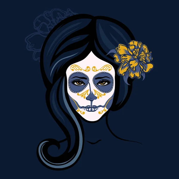 Cartão Dia de Los Muertos. Menina com flores em seu cabelo e maquiagem para o feriado mexicano Dia dos Mortos. Cartaz de convite. Dia das Bruxas. Desenhado à mão . — Vetor de Stock