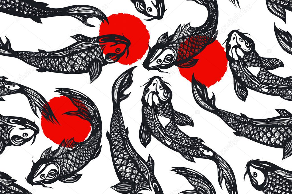 Seamless pattern with koi carp fish, spots. Pond. Background in the Chinese style. Hand drawn.