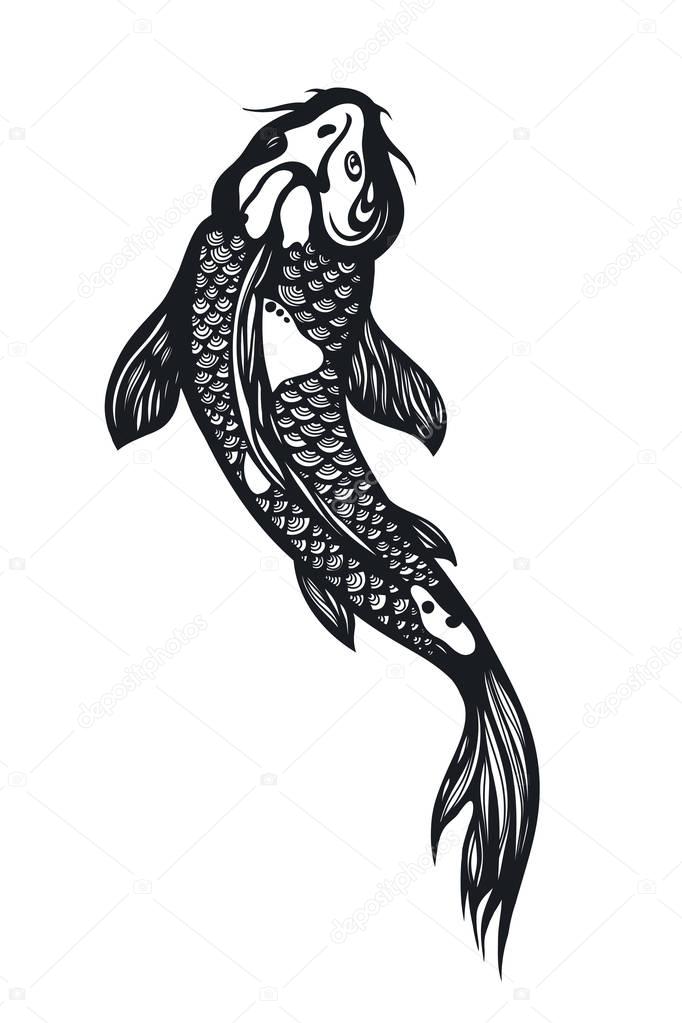 Fish Koi Carp. Chinese symbol of good luck, courage, persistence, perseverance, wisdom and vitality. Vector illustration. Hand drawn.
