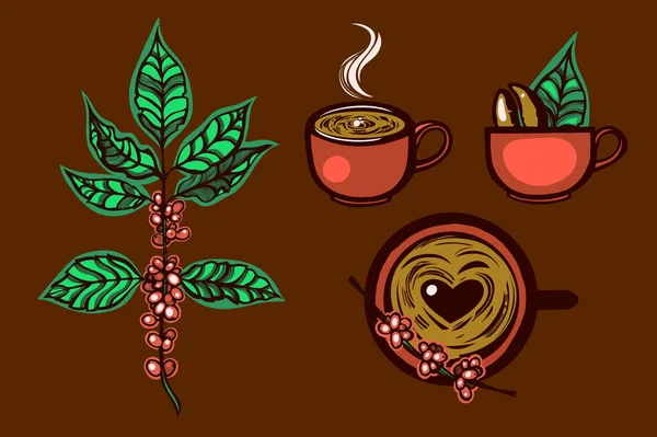 Set Etiketten Tasse aromatischer Kaffee, Kaffeepflanze. -Logo. Handgezeichnet. Vektorillustration. — Stockvektor