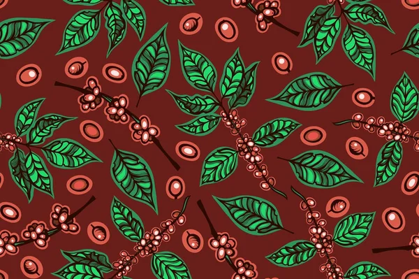 Wzór z kawy liści, gałązki, jagody. Ilustracja wektorowa. — Wektor stockowy