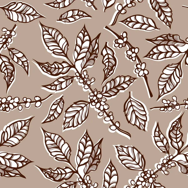 Naadloze patroon met koffie planten. Takken met bladeren en koffiebonen in bruin kleuren. Hand getrokken. Vectorillustratie. — Stockvector