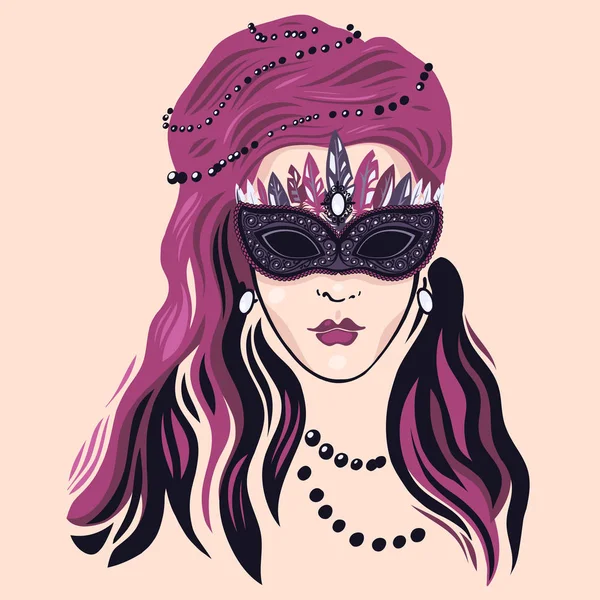 Flickans ansikte i en mask. Kvinna med svart och rosa hår. Mask med fjädrar, broderi och stenar, halvädelstenar. Karnevalen i Venedig, Mardi gräs. Vektorillustration. — Stock vektor