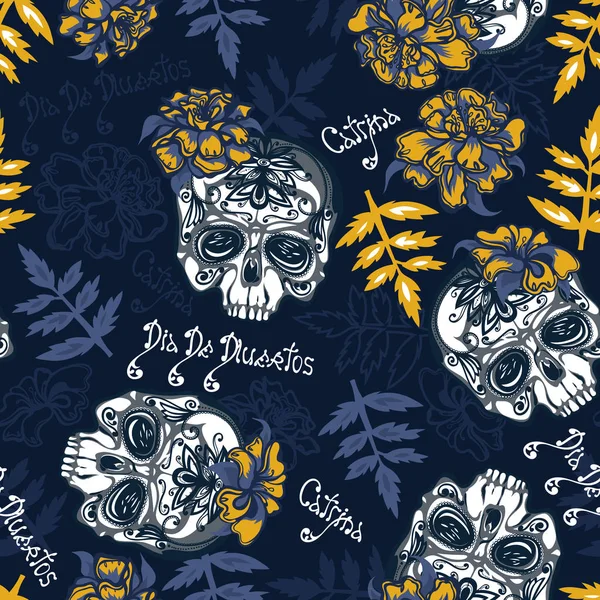 Dikişsiz desen kafatasları, marigolds çiçek ve yaprakları. Yazı. Dia De Muertos. Catrina. Ölülerin günü. Cadılar Bayramı. Elle çizilmiş.