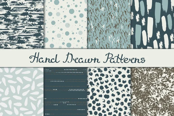 Kahverengi ve mavi renklerde soyut Dikişsiz desen koleksiyonu. Mürekkep, kalem ve fırça. Elle çizilmiş. Vektör çizim.