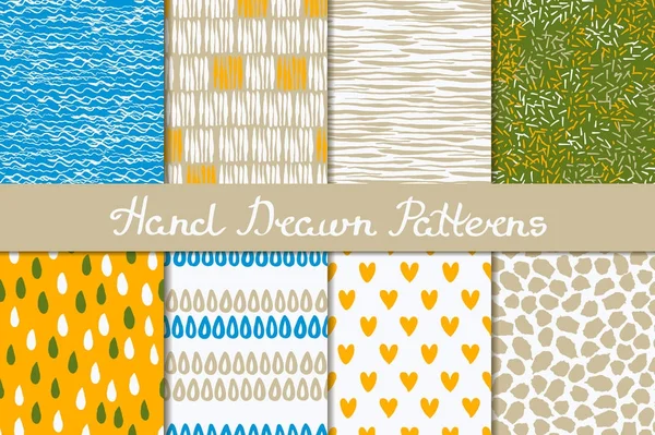 Collection of abstract seamless patterns drawn in ink. White, yellow, beige, blue, green. Hand drawn. — Stock Vector