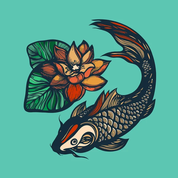 Fisk koi och lotus blomma. Skriva ut kinesisk stil. Kinesiska symbolen för lycka, mod, uthållighet, uthållighet, visdom och vitalitet. Vektorillustration. Handritad. — Stock vektor