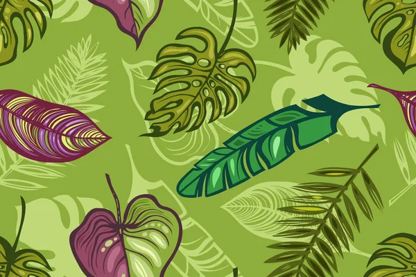 Wzór z liści roślin tropikalnych. Egzotyczne tło. Tekstury Tapety, pocztówki, tkaniny, papier, druk. — Wektor stockowy